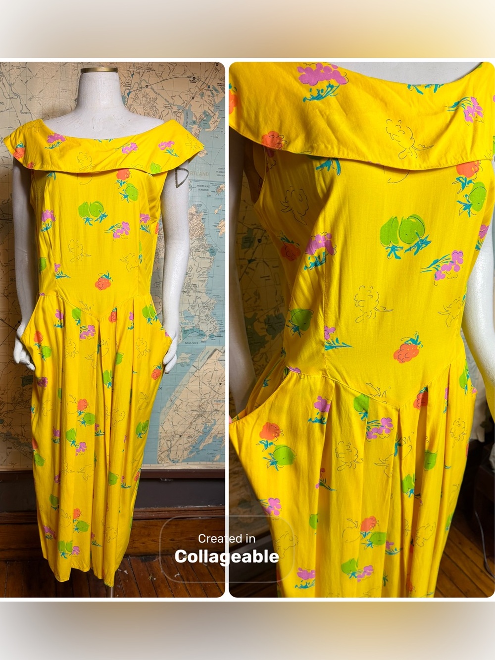 Maggy London Vintage Rayon Off Shoulder Bright Yellow Printed Dress